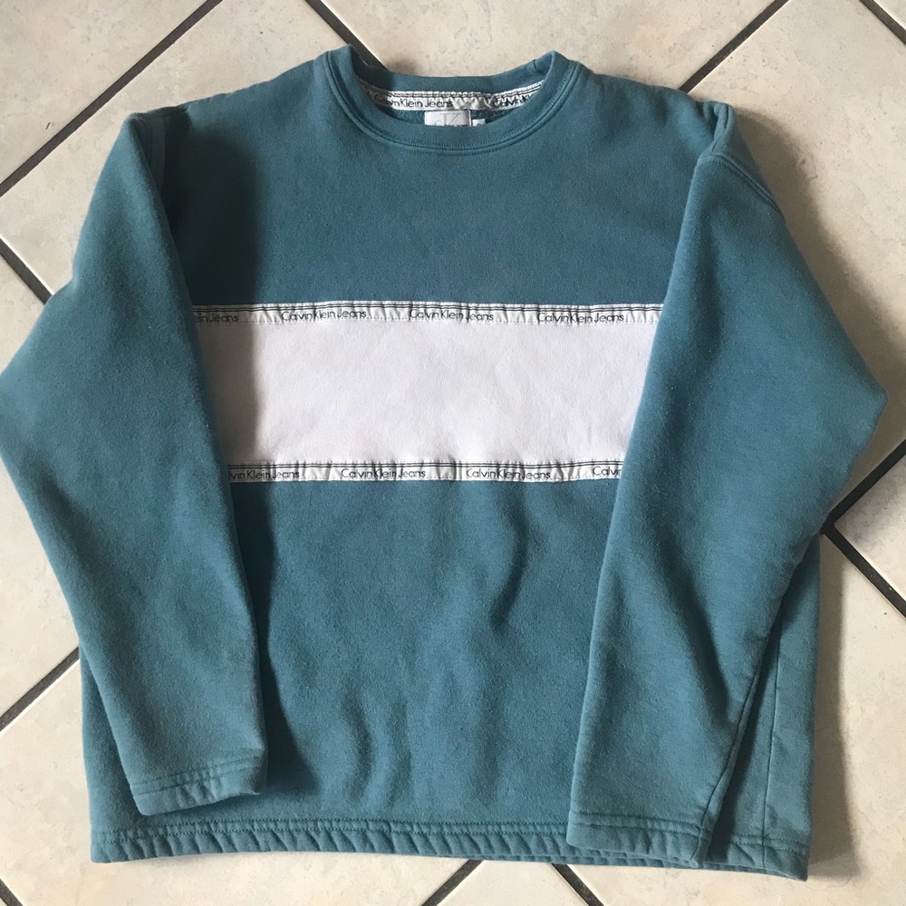 Calvin Klein Jeans Teal and White Crew Neck Sweater